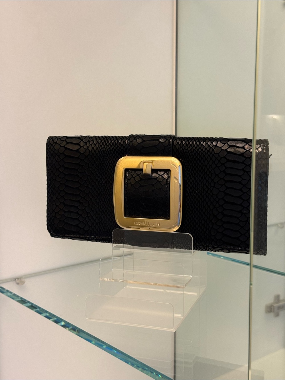Michael Kors Berkley Black Snakeskin Leather Clutch w/ Gold Hardware + Dust Bag